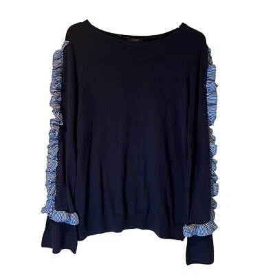 Suéter Pullover Halógeno Azul Marino Blanco Volantes Rayas Medios Mixtos Mujeres M Foto 1 de 4