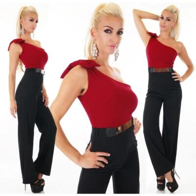 Sexy One-Shoulder Overall Jumpsuit mit Gürtel Bordeaux-Schwarz #OV306 - Bild 1 von 4