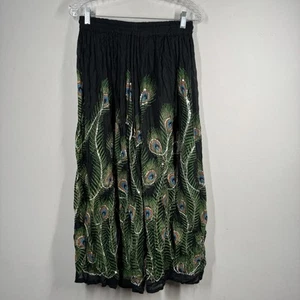 Boho Broomstick Maxi Skirt Womens Embroidered Painted Sequins Peacock Pull On OS - Picture 1 of 12