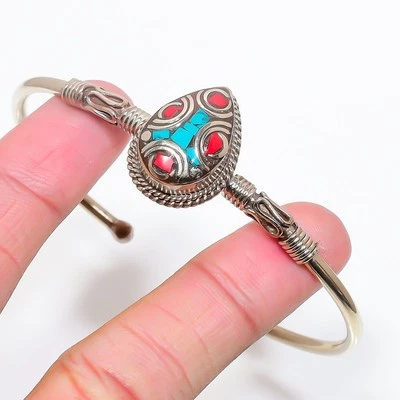 Turquoise Red Coral Gemstone Bangle Tibetan Silver Adjustable Nepali Cuff NC 615 - Image 1 of 4