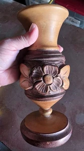 Wooden Hand Carved Vase Folk Art Hand Turned Inside 9in Brown Tan - Picture 1 of 6