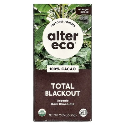 ALTER ECO Total Blackout®, Organic Dark Chocolate Bar, 100% Cacao, 2.65 oz (75 g)