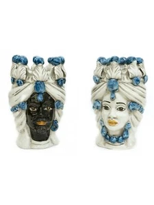 Pair of Moorish heads h20 cm ceramic Sicilian calagirone blue decor - Picture 1 of 4