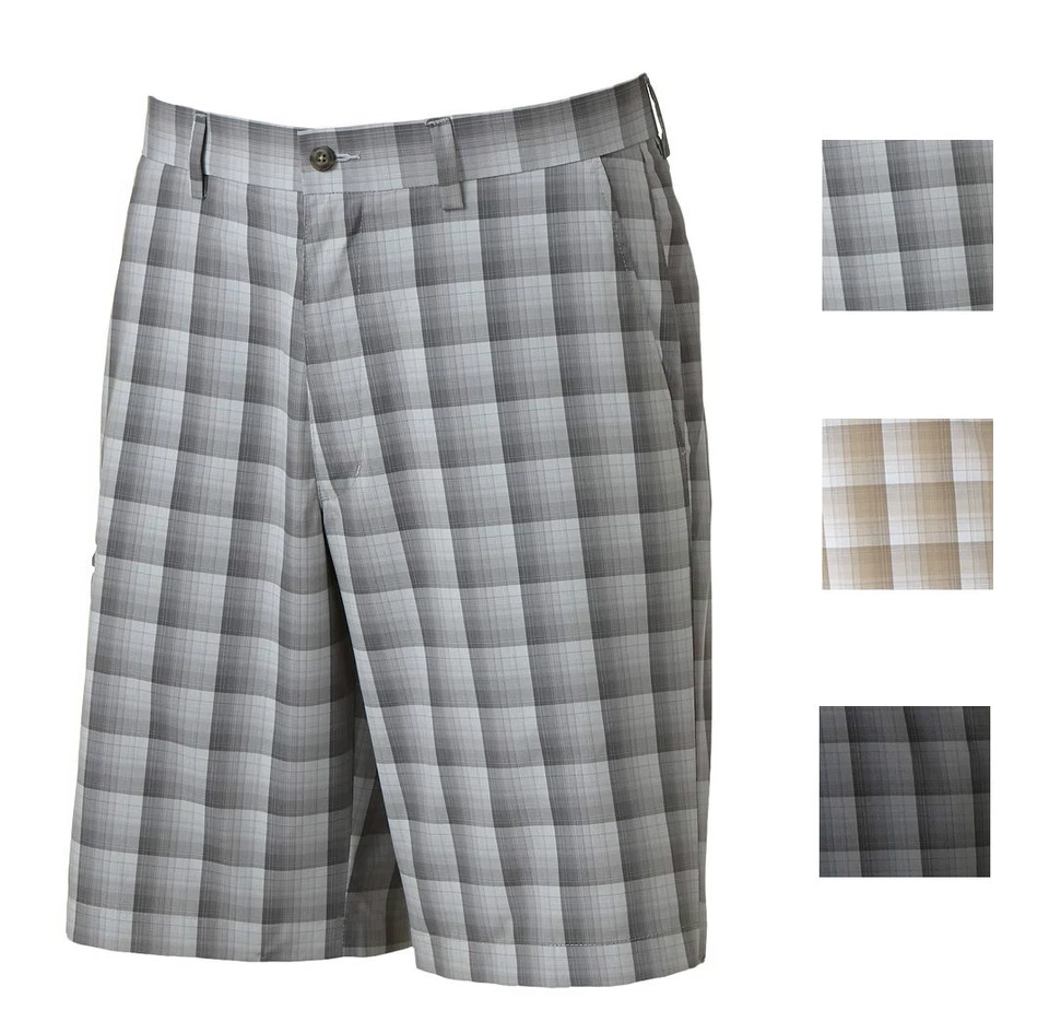 Novo shorts de golfe Grand Slam masculino xadrez desempenho frente plana bronzeado, cinza MSRP $60 - Imagem 1 de 1