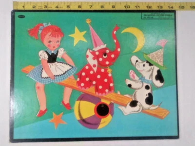 Vtg Whitman Frame Tray Puzzle ~ Circus Elephant Girl and Puppy on See-Saw  - Image 1 of 3