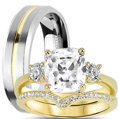 Juego de anillos de boda para él y ella TRIO anillos de boda enchapados en oro plateado él ella Foto 1 de 4