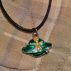 VINTAGE ALIEN UFO Pendant Charm / 26" Adjustable Rope Necklace  - Picture 1 of 4