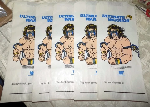 5   1991, ULTIMATE WARRIOR, "Un-Used" Paper Lunch Bags WWF (Vintage) rare Cover