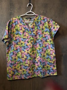 Women’s Scrub Top-Grey With Pastel Butterflies -22” Wide, 27”Long - Picture 1 of 2