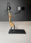 Primitive Candle Holder Metal African Art Girl Tea Light Basket 6” Sculpture