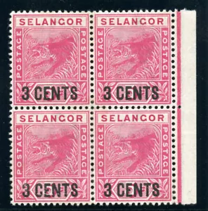 Malaya - Selangor 1894 'Tiger' 3c on 5c rose block of four MNH. SG 53. Sc 28. - Picture 1 of 2