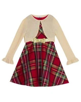 EDIÇÕES RARAS Vestido Xadrez 5 Menina com Conjunto Bolero Dourado Novo com etiquetas $60 - Imagem 1 de 2