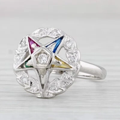 Eastern Star Ring 14k White Gold FN Diamond Lab Created Gemstone Masonic OES - Image 1 of 4