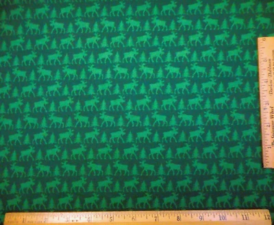 Christmas Fabric By The Yard Green Moose & Pine Trees on Dk Green Cotton Vtg #46 - Image 1 of 2