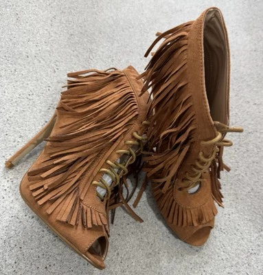 Public Desire Brown/Tan Fringe Suede Ankle Boot Lace Up Uk 4 - Image 1 of 4