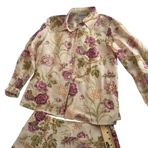 Conjunto de falda y blusa floral de seda y lino de dos piezas de Pendleton manga larga botón - Imagen 1 de 10