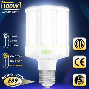 100W LED Corn Light Bulb Warehouse Shop High Bay Lamp E39 Base,4500K/5000K/5700K - Picture 1 of 14