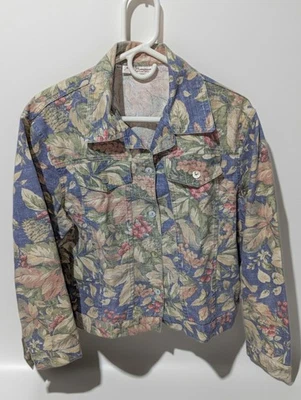 Chaqueta Denim Tapiz Vintage Norm Thompson L Floral Botón Botánico Frontal Años 90 Foto 1 de 4