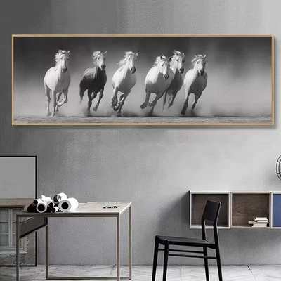 Panoramic Black and White Running Horses Canvas Print Wall Art Home Decor - Image 1 of 4