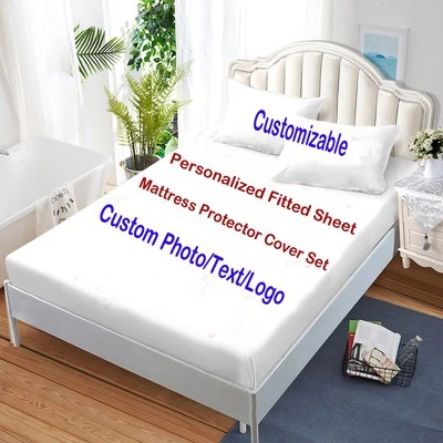 Custom Photo/Text Personalized Mattress Protector Cover Fitted Sheet Set Gift - Image 1 of 4