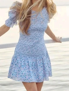 LoveShackFancy Dress Size XL Luppa Smocked Crushed Blueberries Floral Mini - Picture 1 of 13