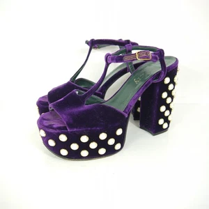 Sandalias de plataforma Mulberry púrpura terciopelo tacón bloque barra en T imitación perla talla 39/6 - Imagen 1 de 14