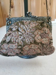 Vintage Tapestry Floral Kiss Lock Chain Evening Hand Bag Purse Clutch Sequins - Picture 1 of 10