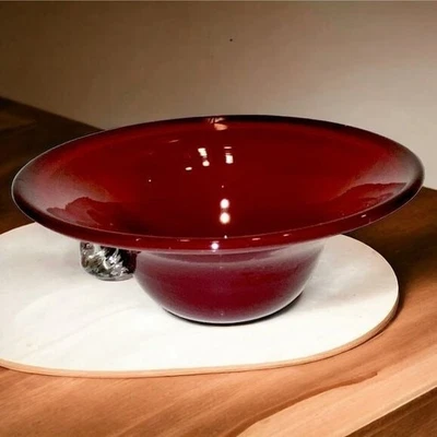 Blown Art Glass Bowl Dish Studio Signed Rust Burgundy Round Clear Handle Trinket - Image 1 of 4