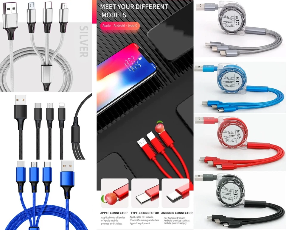 COMSYS 3-in-1 Multi Ladekabel micro USB Type C Kabel Einzehbar iPhone Samsung 1m 1.2m