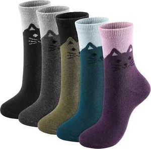 Premillow Wool Socks - Wool Socks for Women, Warm One Size 5 Pairs Cat Pattern - Picture 1 of 3