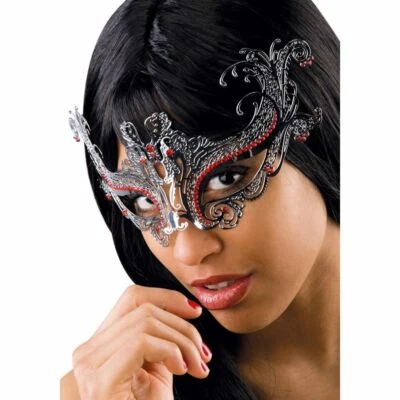 00732-1 MASCHERA ARGENTO IN METALLO C/STRASS ROSSI CARNEVALE HALLOWEEN - Immagine 1 di 2