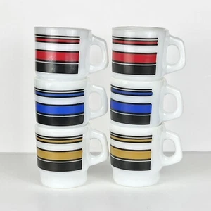 Set of 6 Vintage 1960s-1976 Fire King Super Stripe Stacking Mugs Red/Blue/Yellow - Imagen 1 de 18