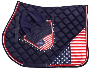 US Flag Independence day All Purpose English Saddle Pad with Matching Fly Bonnet - Picture 1 of 2