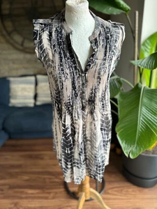 Mint Velvet Cap Sleeve Semi Sheer Black/Beige Pleat Front Tie Dye Top Size 10 - Picture 1 of 2