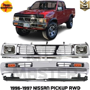 Front Bumper Grille Assembly Chrome & Head Lamps For 1996-1997 Nissan Pickup RWD - Picture 1 of 13