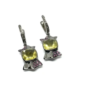 Lemon Quartz &Pave Diamond Earring 925 Silver Women's Earring Anniversary Gift - Picture 1 of 8