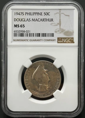 1947 S PHILIPPINES WWII General DOUGLAS MACARTHUR Silver 50 Cent Coin NGC MS 65 - Image 1 of 4