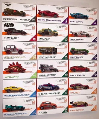 Hot Wheels Set of 18 Boxed Vehicles BATMOBILE, DARTH VADER, JP JEEP, MOTOSAURUS - Image 1 of 4