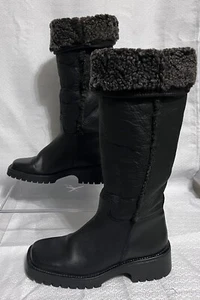 LL Bean Leather Shearling Tall Fold Over Pull-on Boots Womens 6.5 Black Matrix - Picture 1 of 10