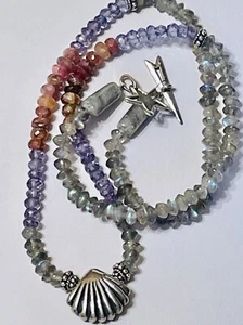 Sterling Silver Clam Shell Pendant Necklace Labradorite Amethyst Faceted Beads - Picture 1 of 7
