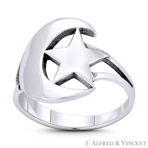 Crescent Moon & Star Turkish & Islam Charm .925 Sterling Silver Right-Hand Ring - Picture 1 of 1
