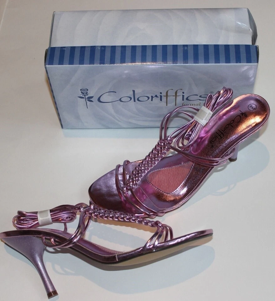 NEW Pink Metallic Sandal Heels Shoes  Braided Strap Ankle Ties sz 8.5 - Image 1 of 1