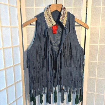 女式 S 蓝色人造麂皮绒条纹背心波西米亚西部节日风格 — 第 1/4 张图片