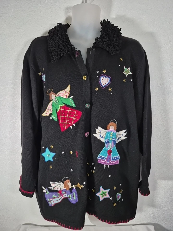 Quacker Factory Black Button-Up Cardigan Angels & Hearts Sweater Size 2X - Image 1 of 4