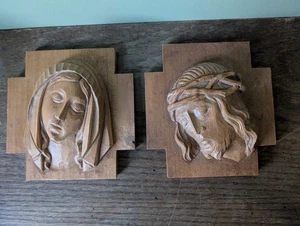 Vintage geschnitzte Holz Jesus und Maria Wandbehang Plaketten - Bild 1 von 20