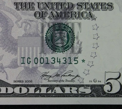 LOW PRINT $5 2006 GEM CU Star Federal Reserve Note IG00134315* five dollar Run 1 - Image 1 of 3