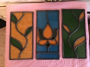 Beautiful Vintage Stained Glass Pains Lot of 3 Lotus Flower and Vines  - Picture 1 of 10