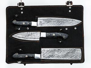  Custom Handmade Damascus knives for kitchen Chef Knife With Leather Roll Bag 3K