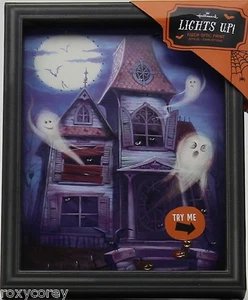 Halloween Hallmark 8x10 Lights Up Fiber Optic Haunted House & Ghost Print NWT - Picture 1 of 2