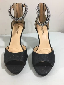 AMERICAN GLAMOUR BADGLEY MISCHKA GLITTER JEWELED 4" ZIP BACK HEELS SZ 10 - Picture 1 of 8